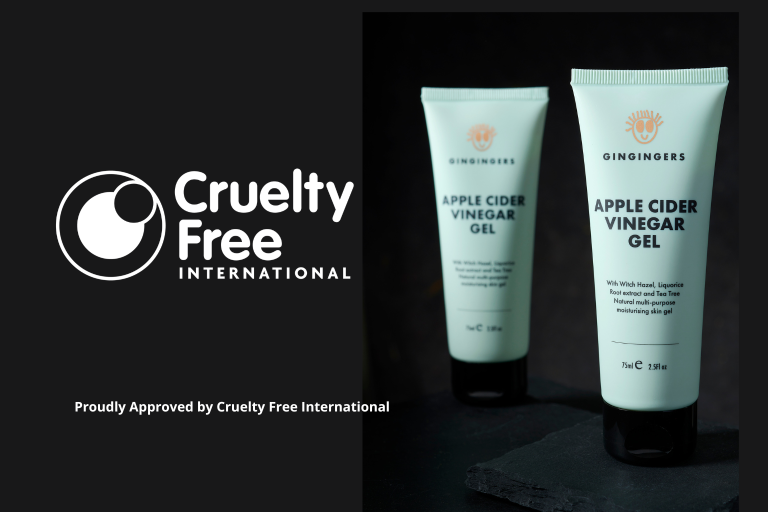 Cruelty Free International certification and two tubes of GinGingers Apple Cider Vinegar Gel