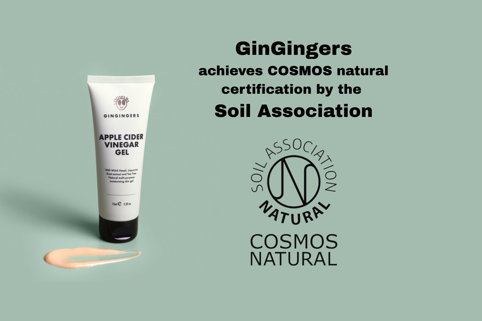 GinGingers Apple Cider Vinegar Gel with a picture of the Soil Association COSMOS certified logo