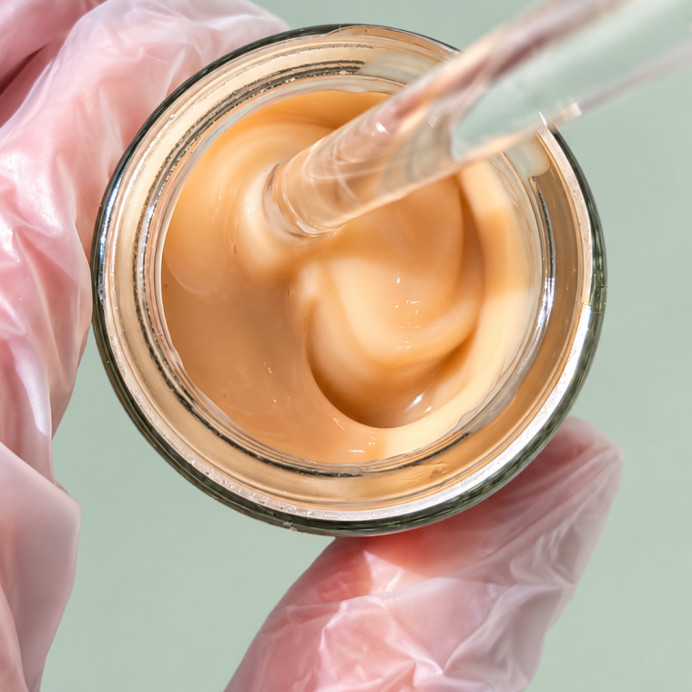 Gloved Hand Stirring Peach Cream Jar