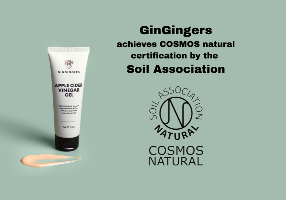 GinGingers Apple Cider Vinegar Gel with a picture of the Soil Association COSMOS certified logo